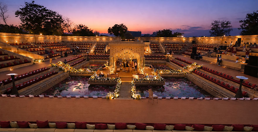 Praveg Adalaj Theme Park wedding venue at sunset