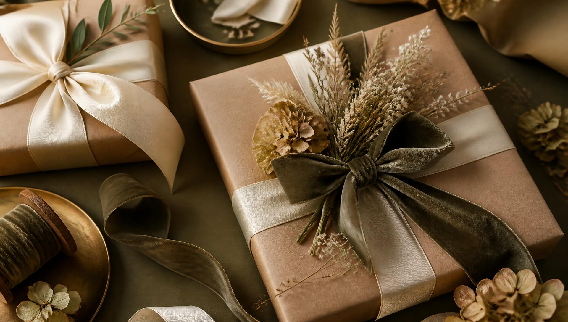 Elegant wedding gifts wrapped in silk ribbon